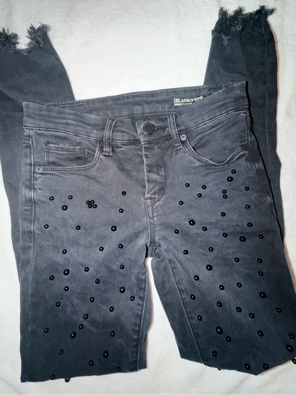 Blank NYC Black Beaded Frayed-Hem Girls Skinny Jeans